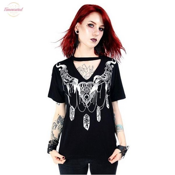 

witch t shirt women gothic punk black magic shirt v neck witch style short sleeve ladies tshirt plus g8, White