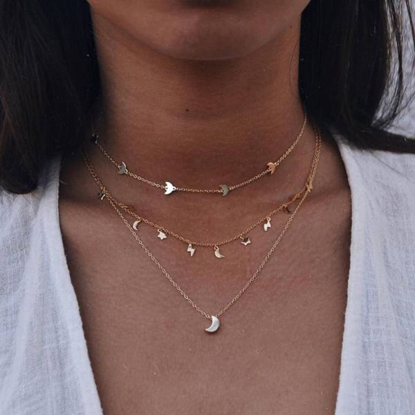 

2019 trendy choker necklaces & pendants for women fashion golden stars moon multi-layer necklaces boho chains jewelry, Silver