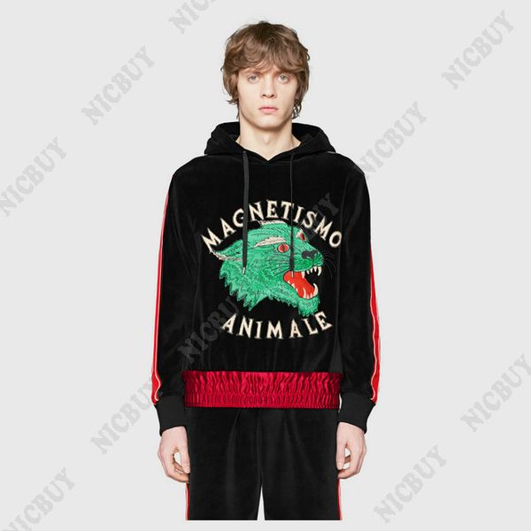 

mens designer hoodies brand clothes mens italy silk wolf print striped sleeve velvet hoodies pullover hooded sweatshirt, Black