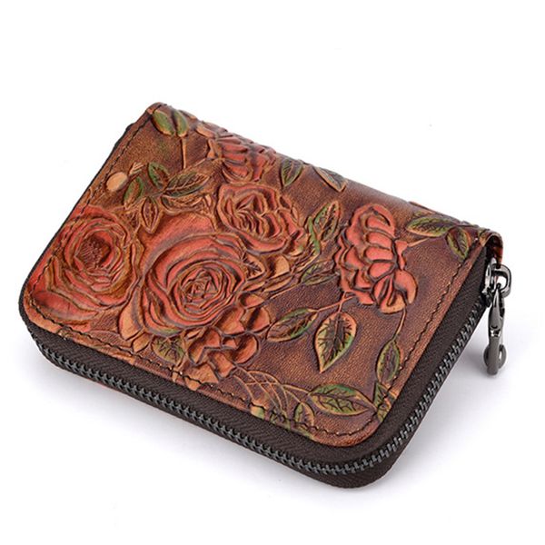 

women genuine leather zipper short wallet clutch money bag rose embossed coin pocket bifold credit/id card holder purse, Red;black