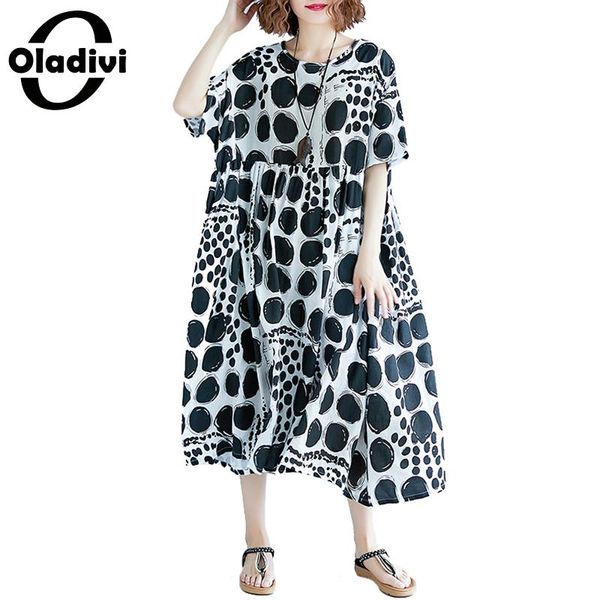 

oladivi plus size women clothing summer 2019 casual loose ladies cotton linen polk dot maxi long bohemian dresses female vestido, Black;gray