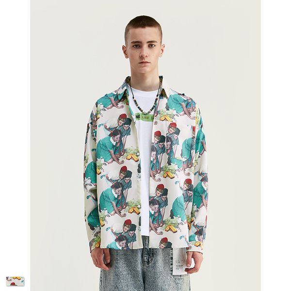 

seveyfan vintage character printed shirts men's hip hop streetwear oversized long sleeve shirts casual blouse for male r3127, White;black