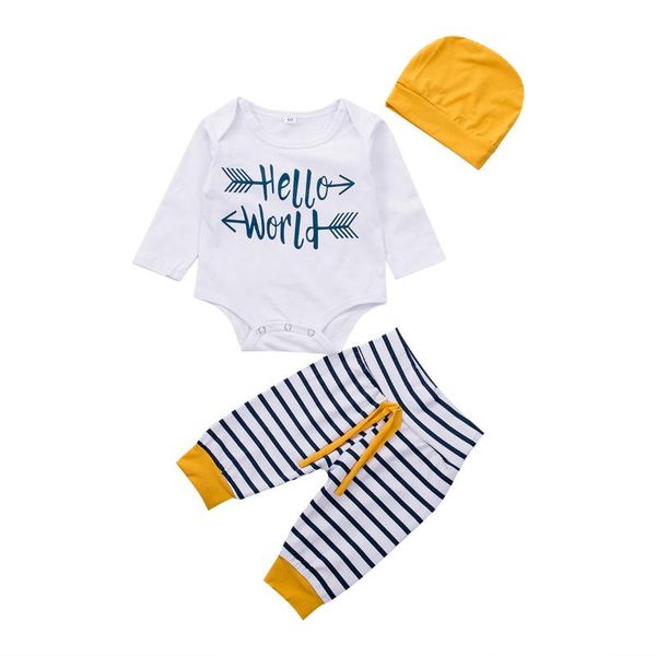 

autumn winter newborn baby girls boy letter print romper+ striped pants +hats baby boy clothing 0-24m, White