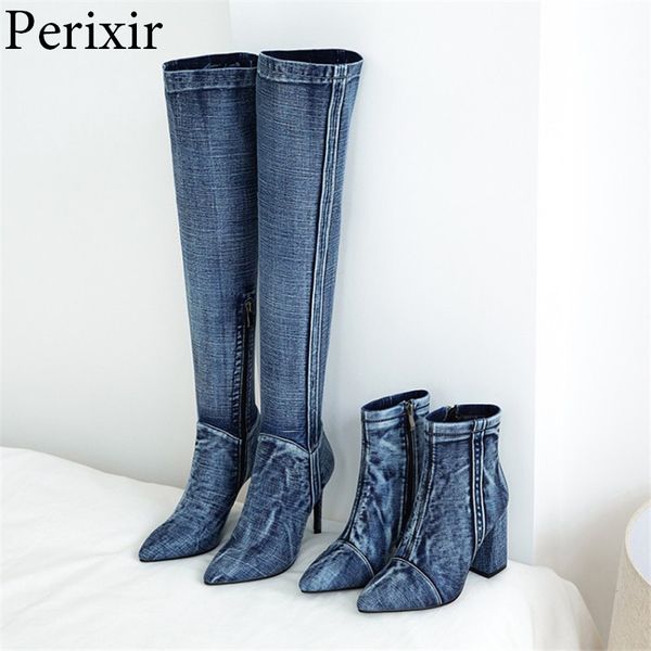 

2019 new denim ankle boots pointed toe spring/autumn boots comfort female footwear women's high heels side zip shoes woman, Black