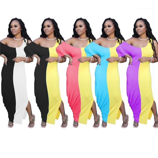 

plus size patchwork irregular womens designer dresses summer spilt casual loose maxi dresses sleeveless off shoulder ladies dresses, Black;gray