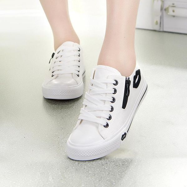 

spring and summer korean canvas shoes women's low cut with red lips side zipper students flat casual sports shoes, Black