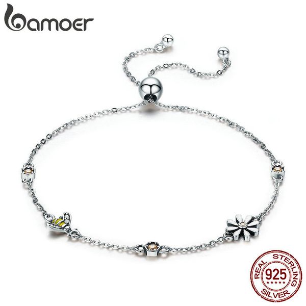 

bamoer spring collection 100% 925 sterling silver dancing bee in daisy garden women chain bracelet fashion jewelry gift scb061, Golden;silver