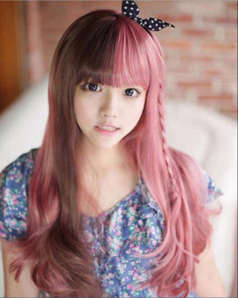 Wig Long Full Bangs Curly Hair Girl Lolita Cosplay Wig Brown Pink Mixed Short Hair Wig Synthetic Hair Pieces From Wig58587 27 47 Dhgate Com