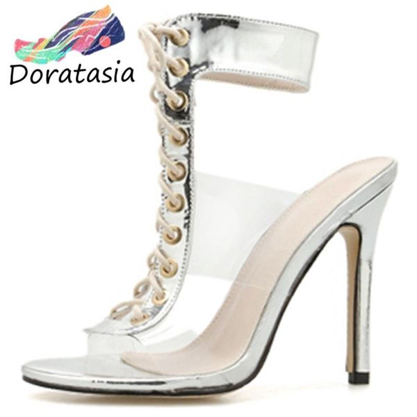 

doratasia new women high thin heels gladiator shoes cool summer metallic sandals women date rome sandals, Black