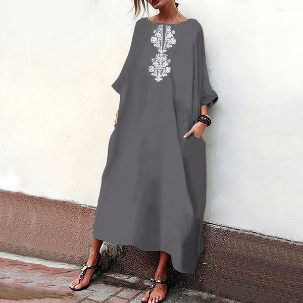 

designer dresses womens clothes women floral printed dress 2019 autumn o neck 3 4 party long dresses casual loose vestidos plus size, Black;gray