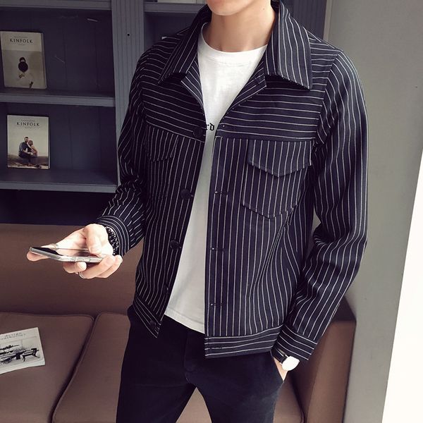 

men's korean striped single-breasted jacket autumn new lapel trend straight slim oat 2019 men's jacket, Black;brown