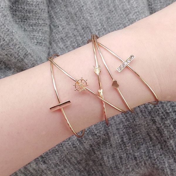 

fashion new heart-shaped anchor arrow vertical bar 5 piece set bracelet bracelet set european and american, Golden;silver