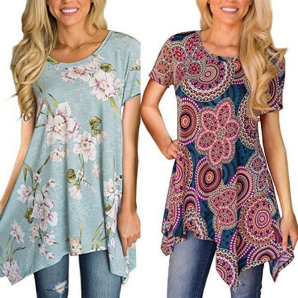 

women vintage printed tunic plus casual loose blouse shirt t-shirt tee, White