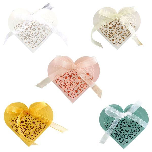 

50pcs/set heart shape laser cut hollow favors gifts candy box with ribbon baby shower wedding party supplies