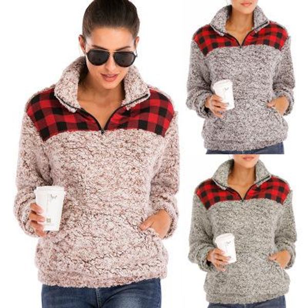 

2020women patchwork pullover long sleeve zipper sherpa pullover sweatshirt soft fleece plaid outwear with pockets hoodie coat size s-xl, White;black