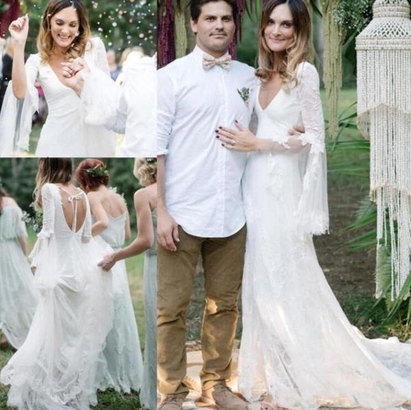 

lace deep v neck beach boho wedding dresses long sleeve open back vestidos de novia bohemian bridal gown country bride dress bc0492, White