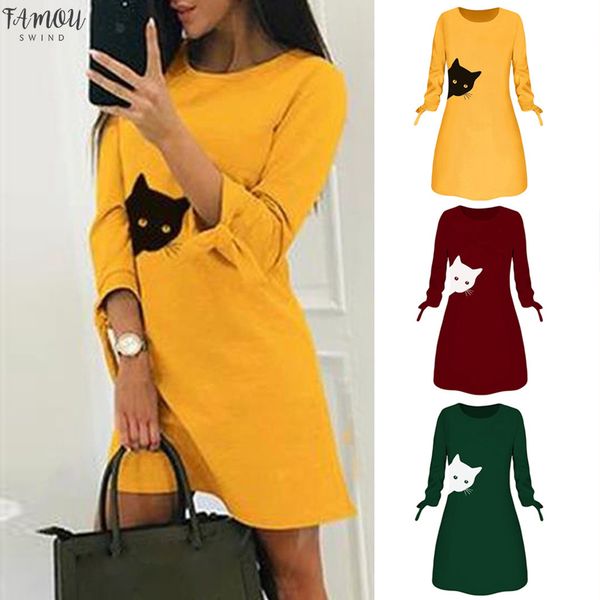 

vestidos women fashion printed ropa mujer cat animal bow o neck dress women long sleeve blouse dress long sleeve winter dress, Black;gray