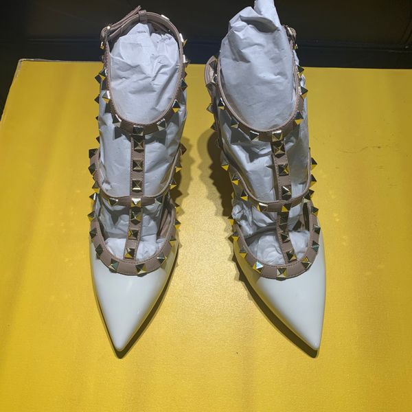 

casual designer lady fashion brand women white patent leather studded spikes point toe high heels bride wedding shoes 9cm, Black