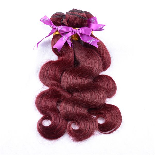 Grado superiore Vip bellezza capelli economici 99j vergine brasiliana estensione dei capelli dell'onda del corpo 3 pezzi vino rosso 99j capelli tessuto bordeaux 8-32 pollici 100 g / pz