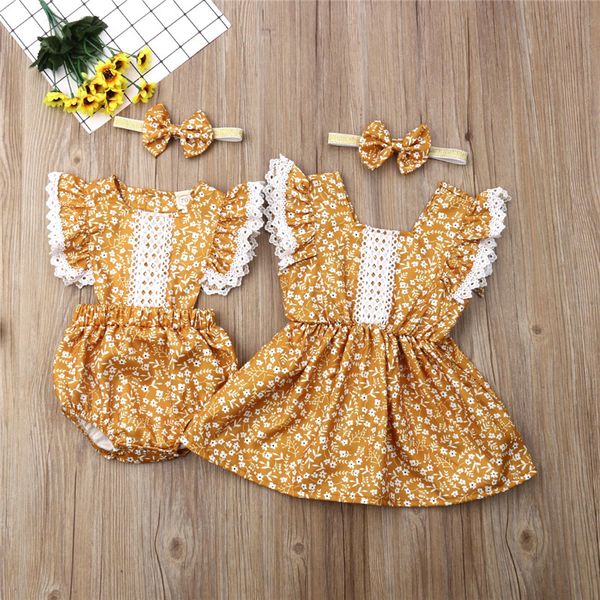 

family matching outfits litter sister romper floral dress summer outfits toddler kids baby girl clothes sister romper dress, Blue