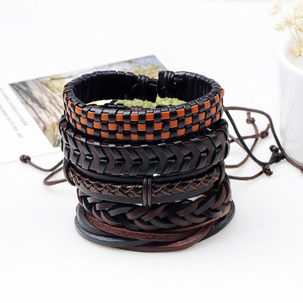 

5pcs/set handmade vintage ethnic multi style braided pu leather wrap charming male pulsera bracelets 2020 fashion jewelry, Golden;silver