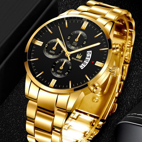 

men luxury business quartz watch golden stainless steel band mens watches date calendar male clock relogio dropshipping, Slivery;brown