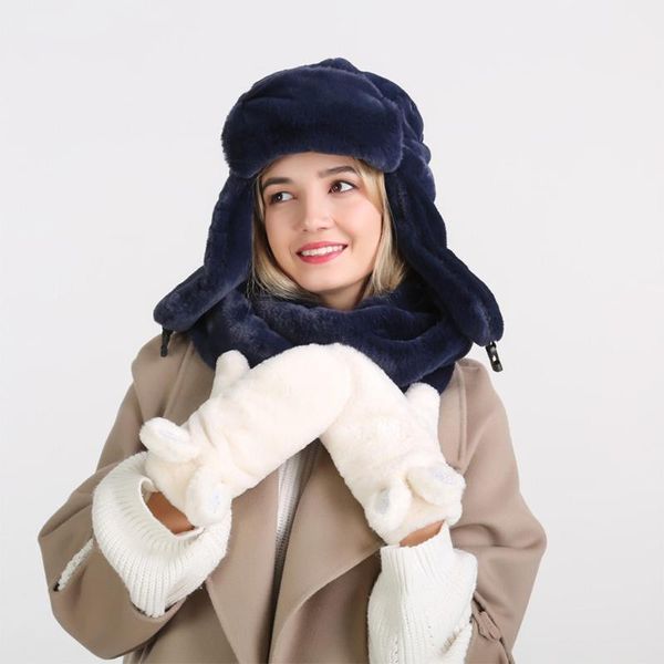 

наушники шляпа шарф набор для женщин шляпа с шарфом зимние шапки для женщин искусственный мех шарфы зимние шапки и шапки шапо #3, Blue;gray