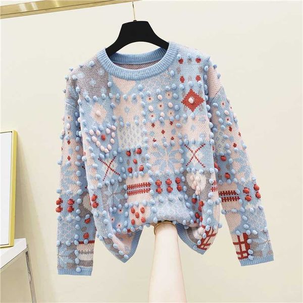 

2019 winter new blue korean retro three-dimensional wool ball sweater round neck pullover sweater women plus size sweaters, White;black