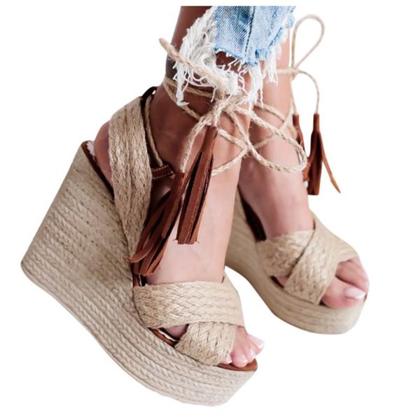 

tassel wedges shoes for women weave back strap shoes women casual big size buckle roman summer woman zapatos de mujer, Black