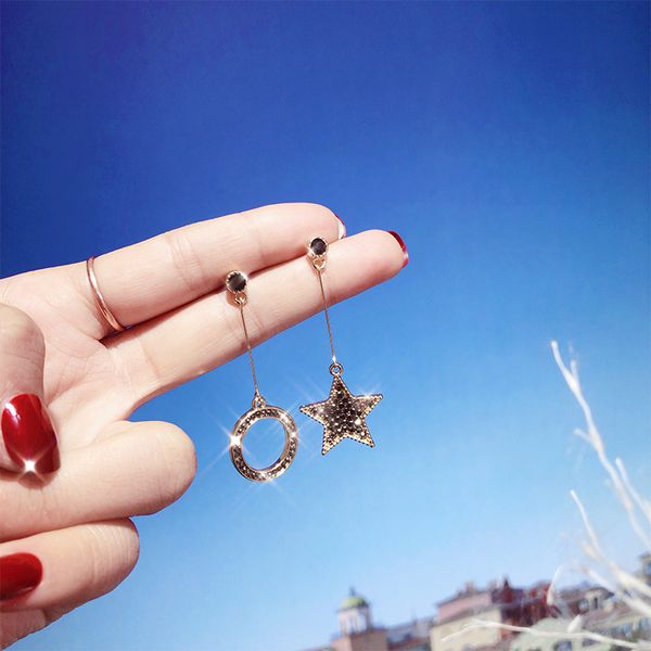 

asymmetric temperament personalized retro earrings fashionable korean long pentagram star circle earrings women, Silver