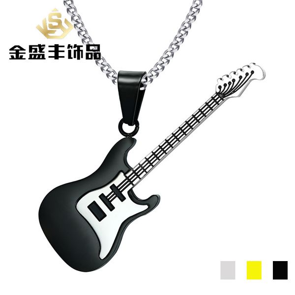 

european and american style jewelry 53mm stainless steel guitar pendant necklace mens black pendant wholesale, Golden;silver