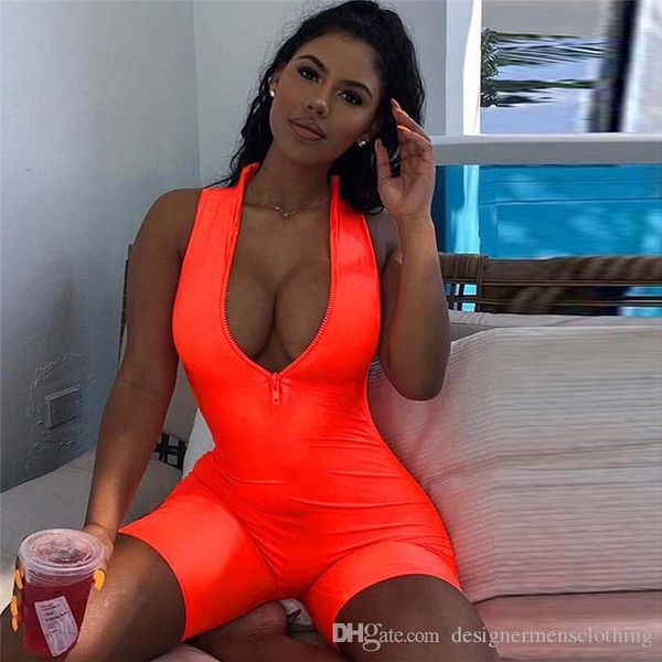 

флуоресцентные цвета v шеи sexy bodycon комбинезоны женщины конструктор молнии без рукавов короткие комбинезоны тонкий спорт rompers, Black;white