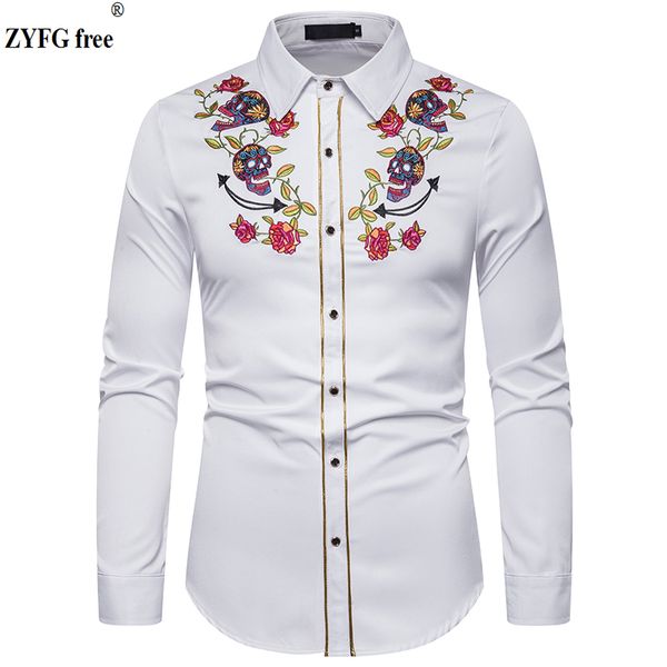 

plus size new casual men long sleeve shirt mens skulls and flowers embroidery pattern shirts srping summer slim fit shirts men, White;black