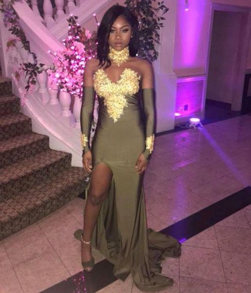 

gold appliques high neck prom dresses side split long party gowns with long sleeves robe de soiree, Black