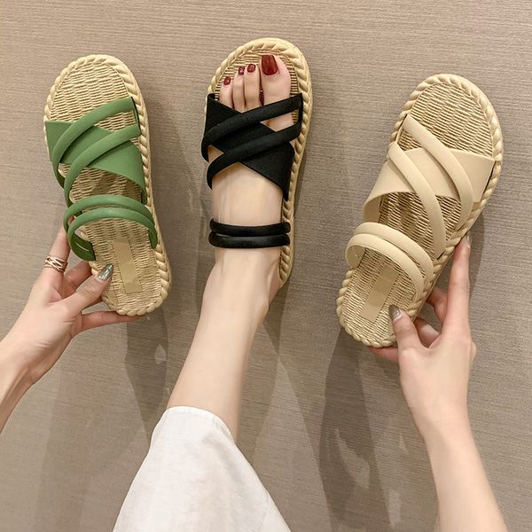 

flat shoes female woman's slippers slides low shose women 2020 summer beach rome pu fabric basic slippers, Black