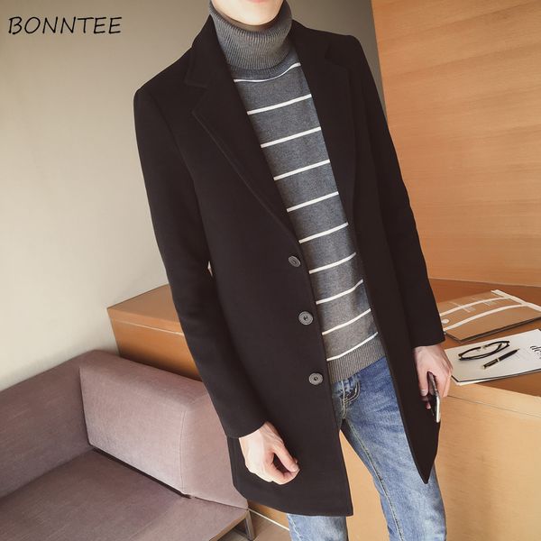 

wool men solid simple all match single breasted long sleeve mens korean style males ulzzang new fashion clothes daily overcoat, Black