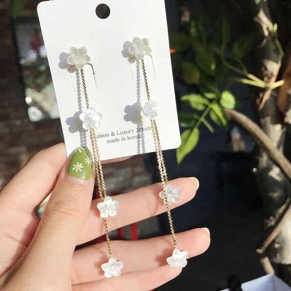 

mengjiqiao korean style earrings for women long dangle earrings shell flower brincos temperament pendientes mujer tassel jewelry, Silver