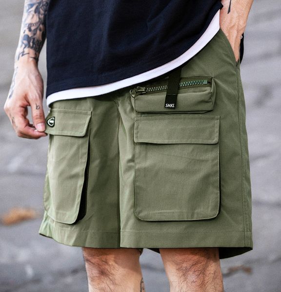 

tide brand designer men luxury multi-pocket functional wind tooling shorts mens summer popular brand elastic waist pants student casual wide, White;black