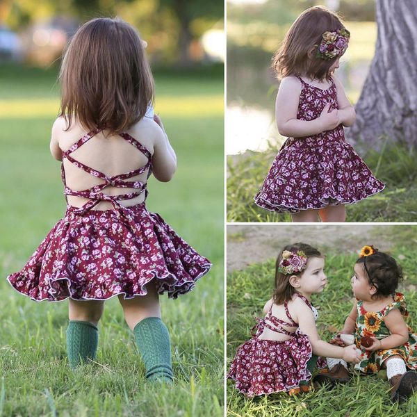 

summer toddler baby girl backless bandages dress kid floral princess party wedding holiday dresses sundress, Red;yellow