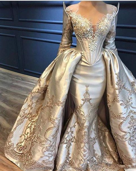

luxury lace beadwork evening formal dresses with detachable train 2019 sheer jewel neck puffy skirt mermaid long sleeve prom gown, Black