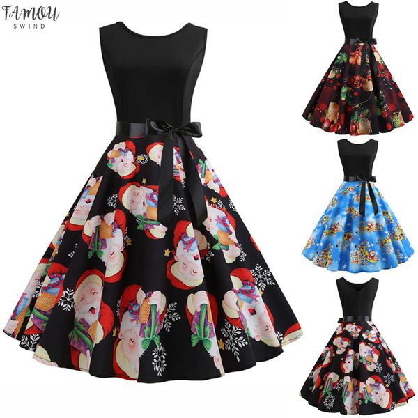 

christmas dress women fashion new christmas print dress o-neck sleeveless zipper hepburn party dress vestidos de festa#guahao, Black;gray
