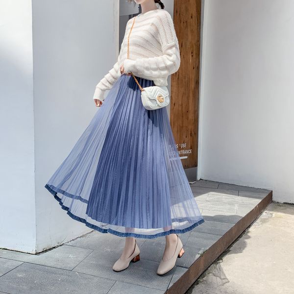 

falda fleabane lace veil skirts womens 2019 autumn winter new vintage empire waist pleated skirt pleuche women's skirt, Black