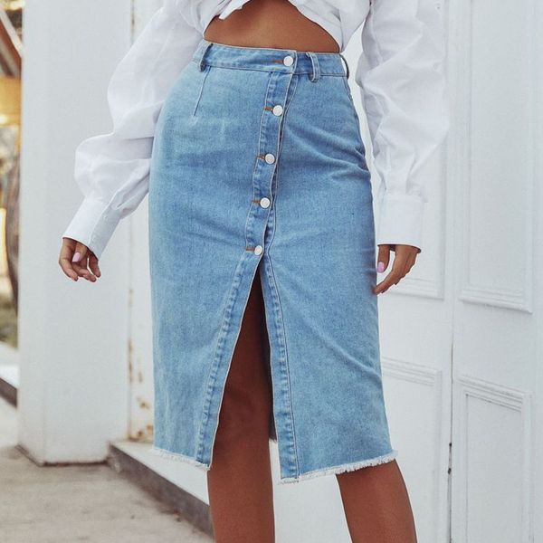 

осень зима 2020 новый denim wrap кнопка вниз фронт сплит юбки однобортный высокой талией карандаш midi синий жан юбка женщин, Black