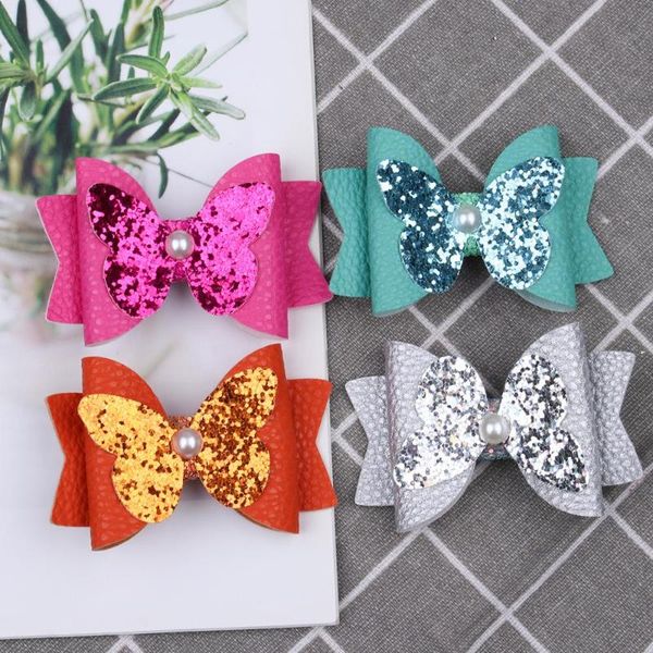 

30 pcs/lot, 3 inch glitter hair bow butterfly hair clip children hairpin girls headdress prong clip party accessories, Slivery;white