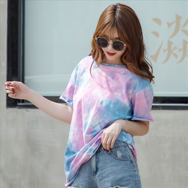 

2020 all-match short-sleeved women's loose tie-dyed gradient t-shirt round collar pullover t-shirt pullover women's top, White
