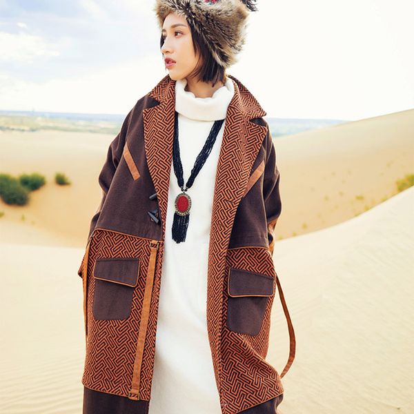

autumn winter vintage elegant woolen jacket ladies casual loose national trend patchwork thicken warm long jacket coat overcoat, Black
