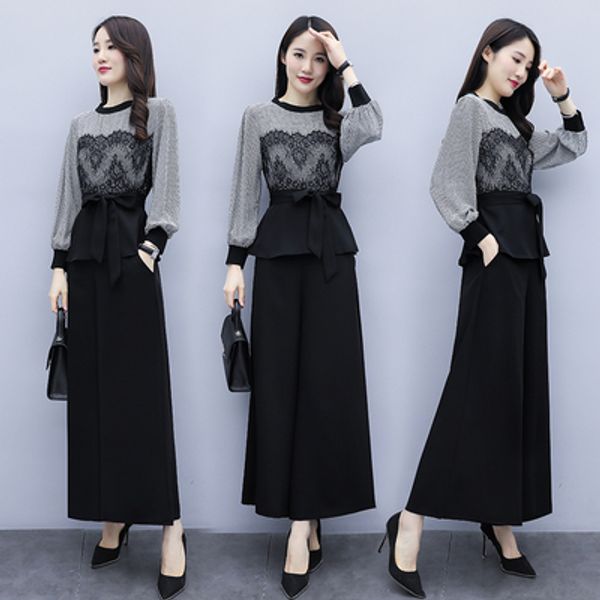 

2020 summer korean women fashion 2 piece set ladies plus size two piece sets plaid wide leg pants loose lace patchwork outfits, White