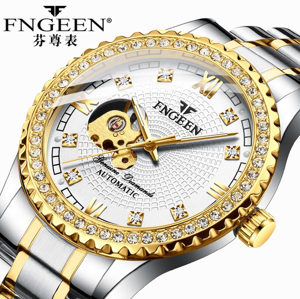 

new brand automatic mechanical men watch with diamonds 2019 luxury male clock popular hollow fashion personality man wristwatch, Slivery;brown