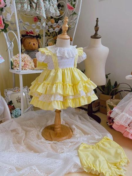 

2pcs baby girl summer yellow lace vintage spanish turkey england ball gown princess for girls party casual, Red;yellow