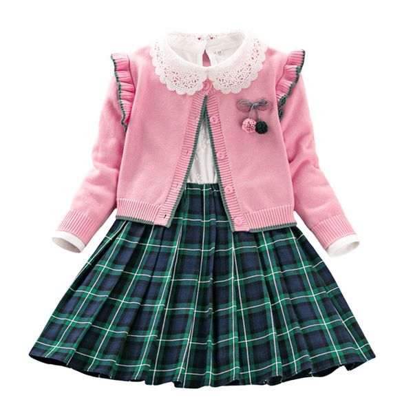 

мода девушки платье комплект 2020 весна \ осень новые дети плед принцесса костюм детские школа стиль детская одежда, White